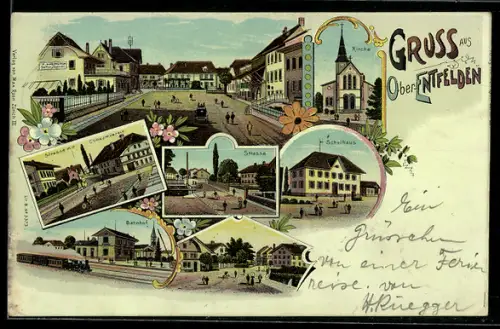 Lithographie Ober-Entfelden, Strasse mit Consumverein, Bahnhof, Schulhaus