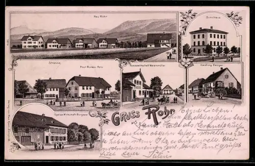 Lithographie Rohr, Gasthaus Weiersmüller, Handlung Erzinger, Post Bureau, Gasthof Burgheer