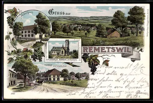 Lithographie Remetschwil, Pfarrkirche, Gasthaus zur Post, Post, Schulhaus
