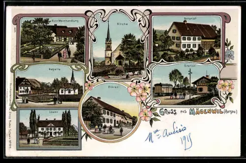 Lithographie Mägenwil /Aargau, Gasthof z. Bären, Station, Notariat, Weinhandlung v. Rohr, Kapelle, Löwen
