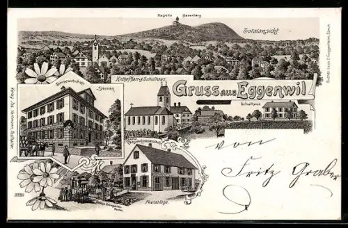 Lithographie Eggenwil, Gasthaus Sternen, Consum-Genossenschaft, Kirche und Pfarrhaus