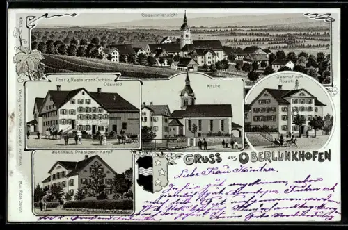 Lithographie Oberlunkhofen, Post & Restaurant Schön-Doswald, Gasthaus zum Rössli, Wohnhaus Präsident Karpf, Kirche