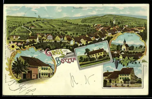 Lithographie Bözen, Gasthaus zum Bären, Post, Kirche