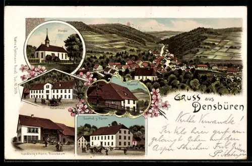 Lithographie Densbüren, Gasthof z. Bären, Handlung v. Hermann Nussbaum, Kirche, Schulhaus