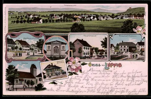 Lithographie Lupfig, Pestalozzi-Denkmal, Gasthaus z. Ochsen, Kirche, Station Birrfeld