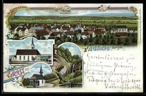 Lithographie Tägerig /Aargau, Lourdes-Kapelle, Kirche, Wasserfall im Steinbruch