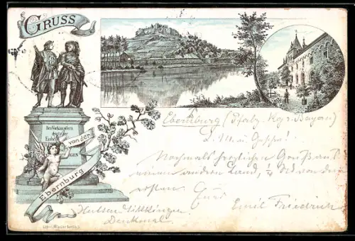 Vorläufer-Lithographie Ebernburg, 1893, Burgansicht mit Flusspartie, Denkmal