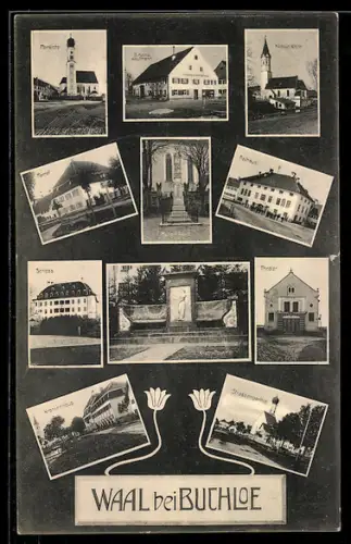 AK Waal, Gasthaus von S. Heinz, Krankenhaus, Theater, Krieger-Denkmal