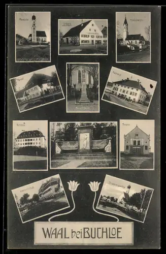 AK Waal, Gasthaus von S. Heinz, Krankenhaus, Theater, Krieger-Denkmal