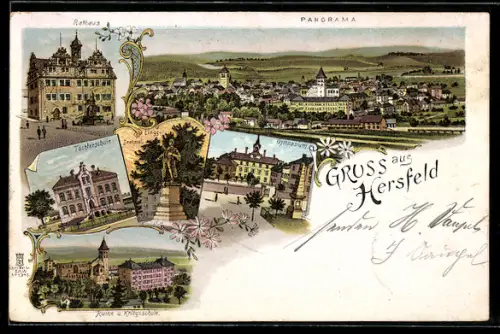 Lithographie Hersfeld, Ruine und Kriegsschule, Gymnasium, Lingg-Denkmal, Töchterschule