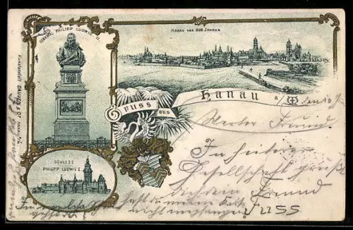 AK Hanau a. M., Denkmal Philipp Ludwig II., Schloss, Ortsansicht vor 300 Jahren, Wappen