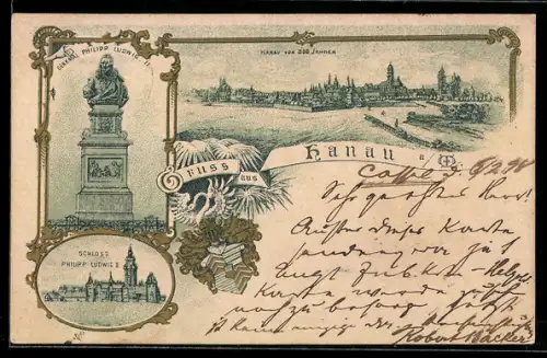 AK Hanau, Ortsansicht vor 300 Jahren, Schloss und Denkmal Philipp Ludwig II.