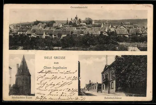 AK Ober-Ingelheim, Bahnhofstrasse, Beobachter-Turm, Gesamtansicht der Stadt