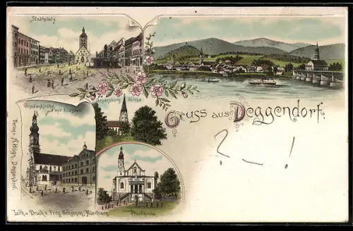 Lithographie Deggendorf, Gnadenkirche mit Kloster, Geyersberg Kirche, Pfarrkirche, Stadtplatz, Teilansicht mit Dampfer