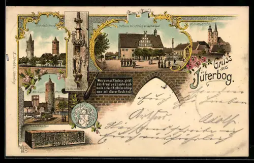 Lithographie Jüterbog, Nicilaikirche, Rathaus & Kriegerdenkmal, Stadtthürme