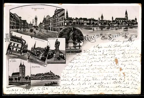 Lithographie Straubing, Stadtplatz, Bahnhofstrasse, Bürgerdenkmal, Kriegerdenkmal