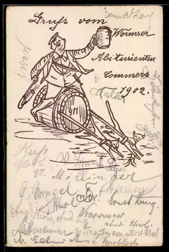 Lithographie Worms, Wormser Abiturienten Commers 1902, Absolvia, Student auf Bierfass