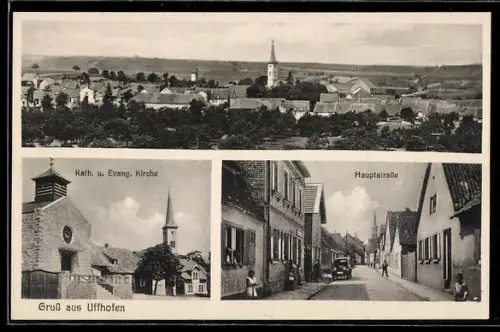 AK Uffhofen, Totalansicht, Katholische und Evangelische Kirche und Partie in der Hauptstrasse