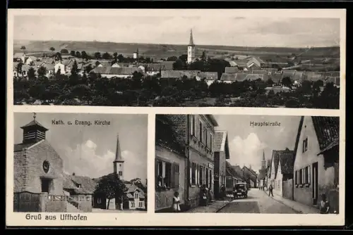 AK Uffhofen, Panorama, Katholische und Evangelische Kirche und Partie in der Hauptstrasse