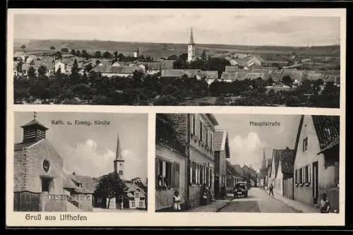 AK Uffhofen, Panorama, Katholische und Evangelische Kirche und Partie in der Hauptstrasse