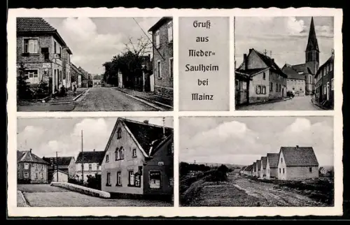 AK Nieder-Saulheim /Mainz, Verschiedene Ortspartien mit Kirche und Wohnhäusern