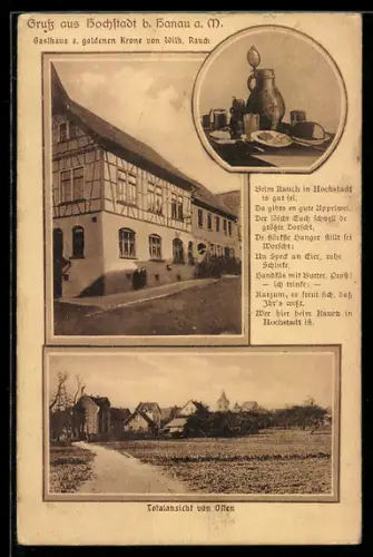 AK Hochstadt b. Hanau, Gasthaus zur goldenen Krone von Wilh. Rauch, Totalansicht des Ortes von Osten