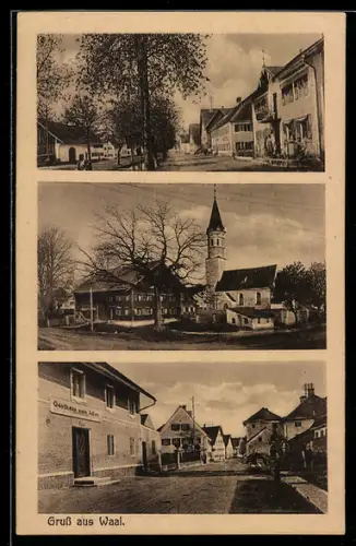 AK Waal, Strassenpartie mit Gasthaus zum Adler, Teilansicht des Ortes mit Kirche