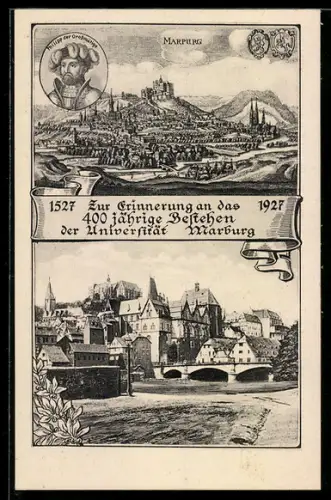 AK Marburg, Festpostkarte 400 jähriges Bestehen der Universität 1927, Philipp der Grossmütige