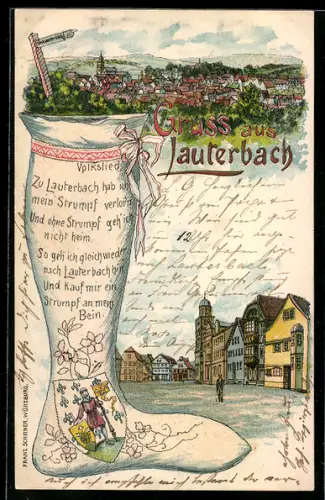Lithographie Lauterbach, Totalansicht der Stadt mit Kirche, Wappen