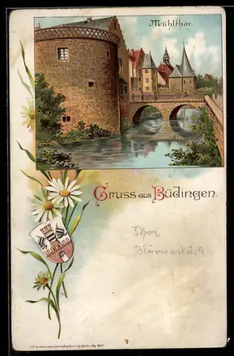 Lithographie Büdingen, kleine Brücke am Mühltor