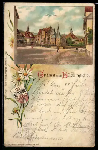 Lithographie Hanau, Mühltor, Passepartout mit Wappen