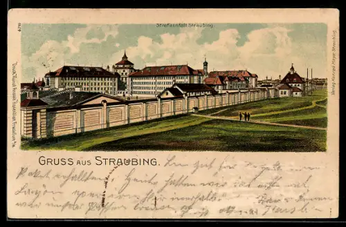 Lithographie Straubing, Gefängnis in der Aussenansicht mit Mauern