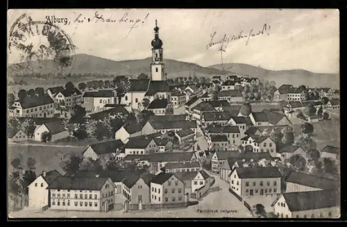 Künstler-AK Hans Pernat: Alburg, Ortsansicht mit Kirche gegen die Anhöhen