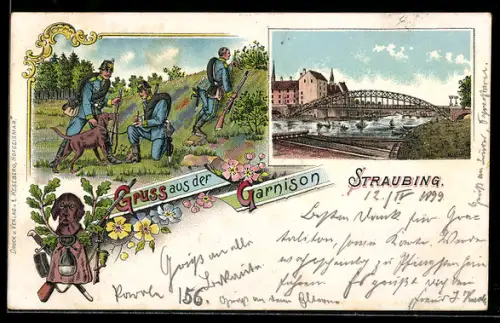 Lithographie Straubing, Teilansicht der Stadt mit Brücke, Soldaten bei einer Feldübung mit Diensthund