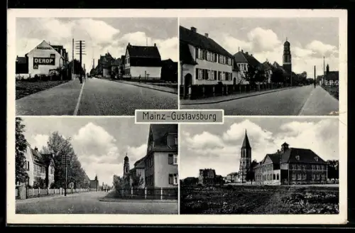 AK Mainz-Gustavsburg, Strassenpartie mit Bäckerei Derop, Ansicht der Kirche