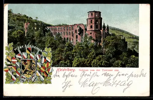 AK Heidelberg, Schloss von der Terrasse aus, Studentenwappen Academia