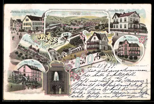 Lithographie Bad Orb, Ortsansicht von oben, Villa Herchenröder, Neues Bade-Hotel