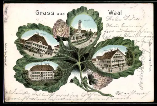 Passepartout-Lithographie Waal, Gasthaus zur Krone, Marktplatz, Gasthof zur Post, Schloss, Kleeblatt
