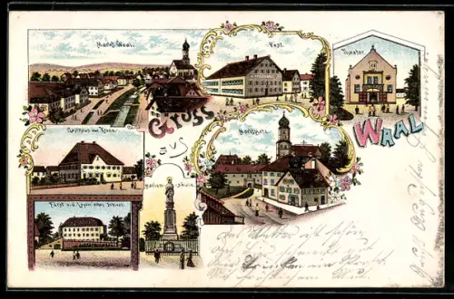 Lithographie Waal, Gasthaus zur Krone, Fürst v. d. Leyen`sches Schloss, Mariensäule, Marktplatz, Theater, Post