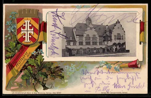 Passepartout-Lithographie Hanau, Turnhalle der Turngemeinde, Turner-Wappen