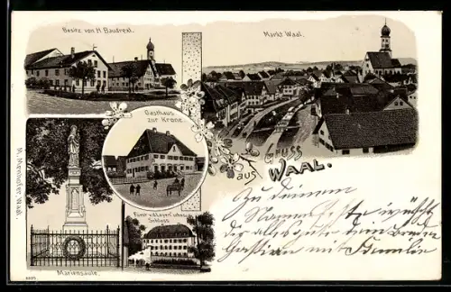 Lithographie Waal, Gasthaus z. Krone, Bes. H. Baudrexl, Mariensäule, Fürst v. d. Layen`sches Schloss