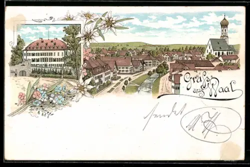 Lithographie Waal, Fürst v. d. Layen`sches Schloss, Strassenpartie