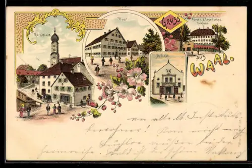 Lithographie Waal, Marktplatz, Post, Theater