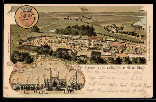 Lithographie Straubing, Festtribüne, Platzansicht mit Karussell, Volksfest