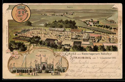 Lithographie Straubing, Niederbayerisch. Volksfest 1900, Festtribüne, Wappen
