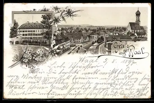 Lithographie Waal, Schloss, Ortspanorama mit Kirche