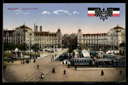 AK München, Karlstorrondell und Strassenbahnen