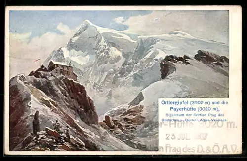 Künstler-AK Edward Theodore Compton: Payerhütte, Blick zur schneebedeckten Berghütte