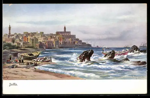 Künstler-AK F.Perlberg: Jaffa, Strandpartie mit Leuten und Booten