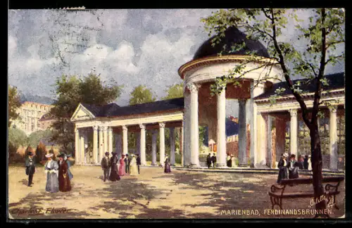 Künstler-AK Charles F. Flower: Marienbad, Ferdinandsbrunnen im Sonnenlicht